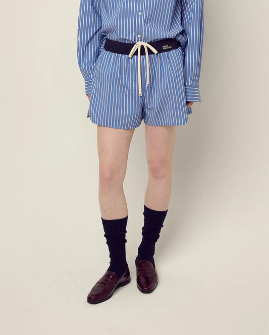 COTTON SHORTS STRIPE CONTRAST WAISTBAND-BLUE