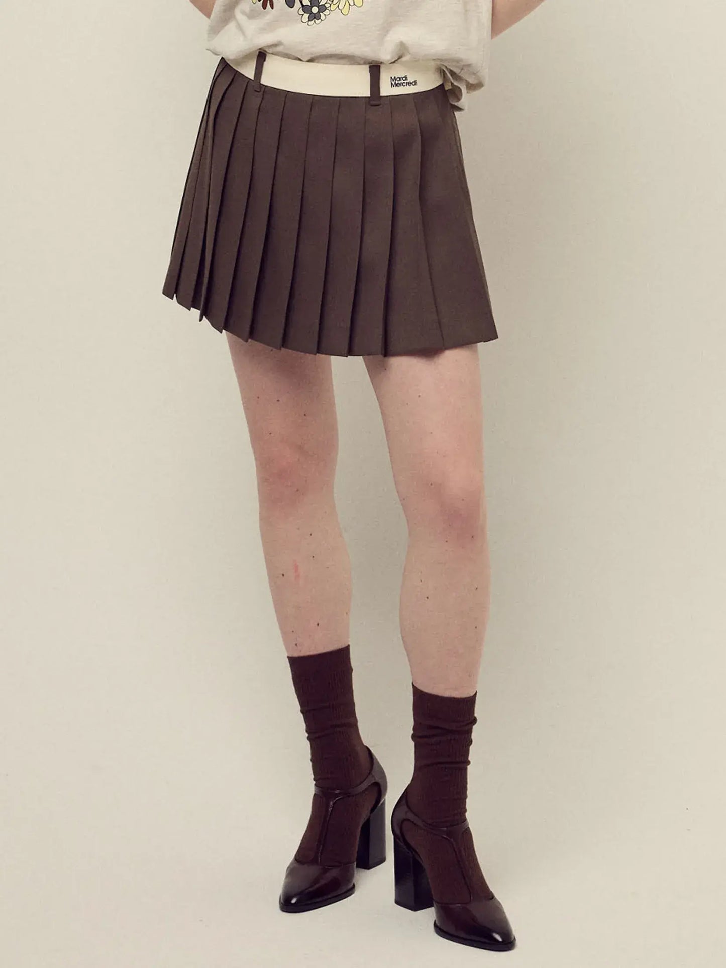 WOOL PLEATED MINI SKIRT CONTRAST WAISTBAND