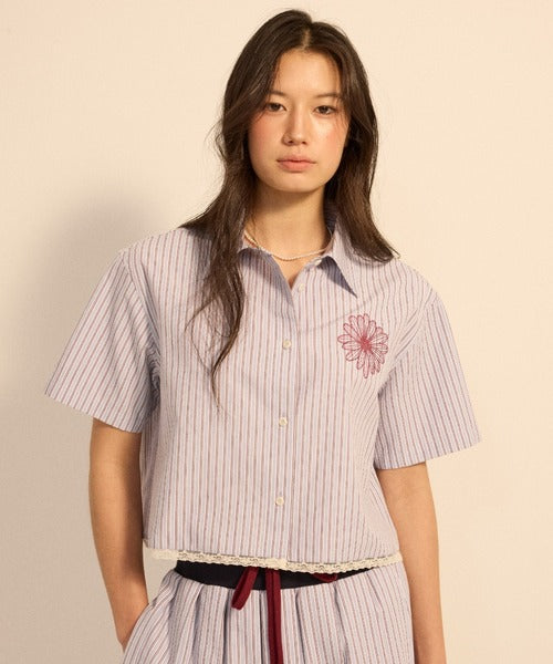 COTTON CROPPED SHIRT HALF SLEEVE STRIPE