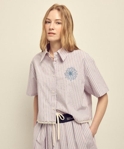 COTTON CROPPED SHIRT HALF SLEEVE STRIPE