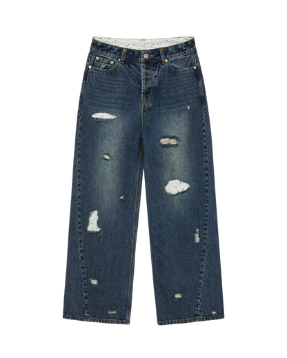 FLOWER PATCHWORK DENIM PANTS