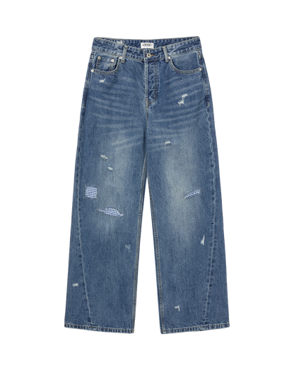 CHECK PATCHWORK DENIM PANTS