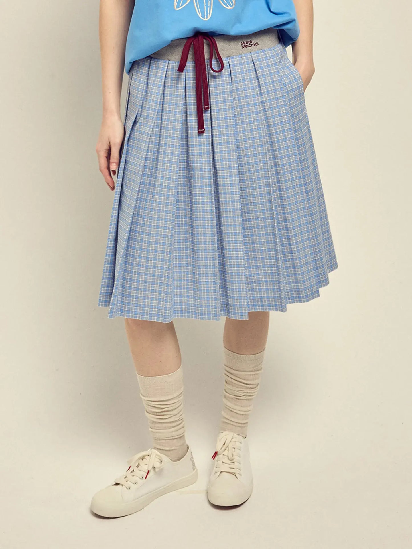 COTTON PLEATED MIDI SKIRT CHECK