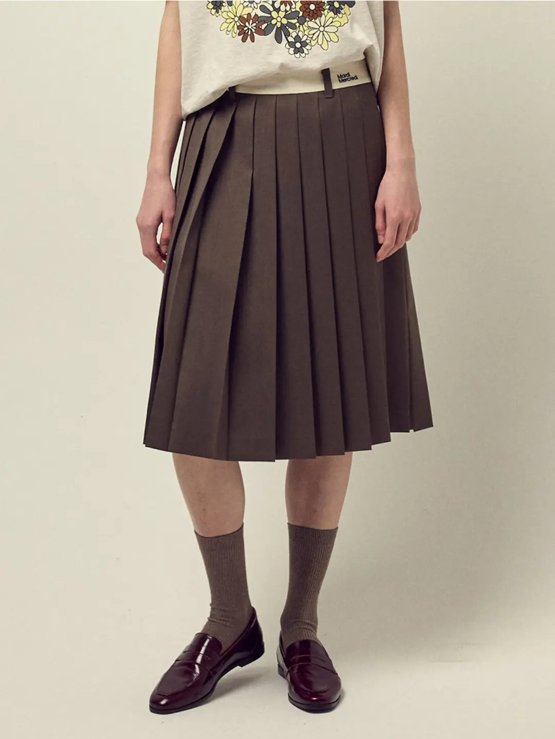 WOOL PLEATED MIDI SKIRT CONTRAST WAISTBAND