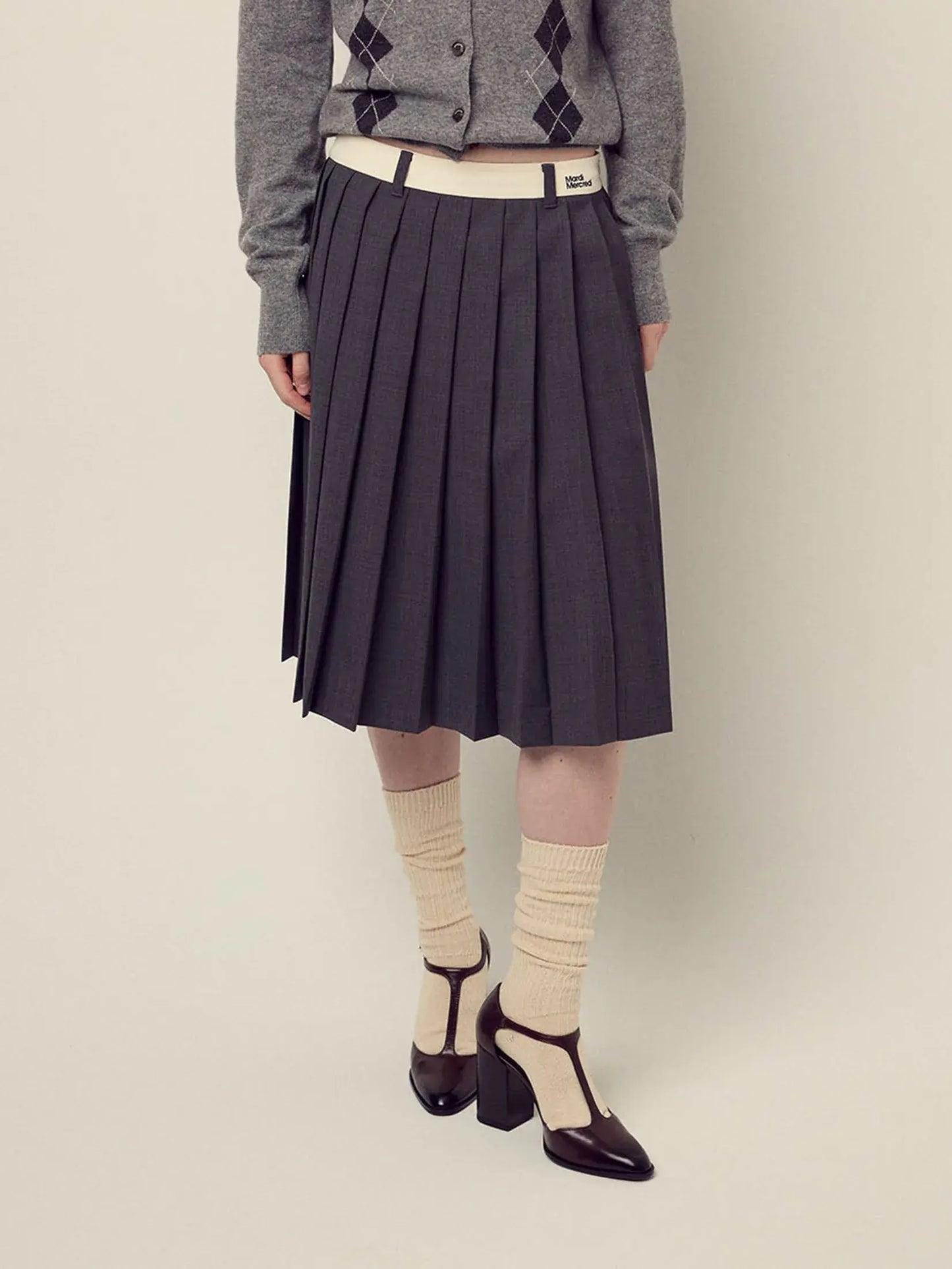 WOOL PLEATED MIDI SKIRT CONTRAST WAISTBAND