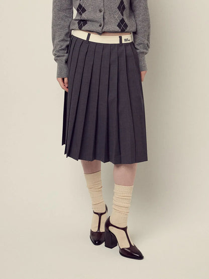 WOOL PLEATED MIDI SKIRT CONTRAST WAISTBAND