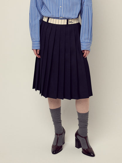 WOOL PLEATED MIDI SKIRT CONTRAST WAISTBAND