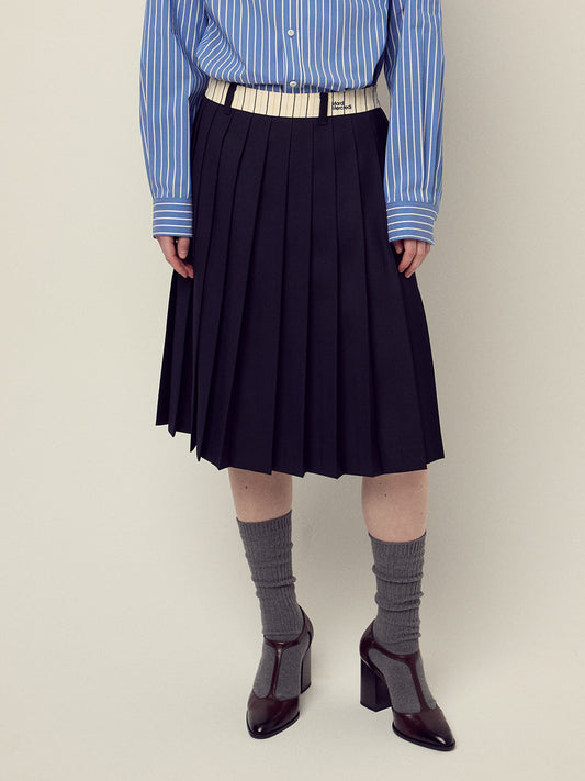 WOOL PLEATED MIDI SKIRT CONTRAST WAISTBAND