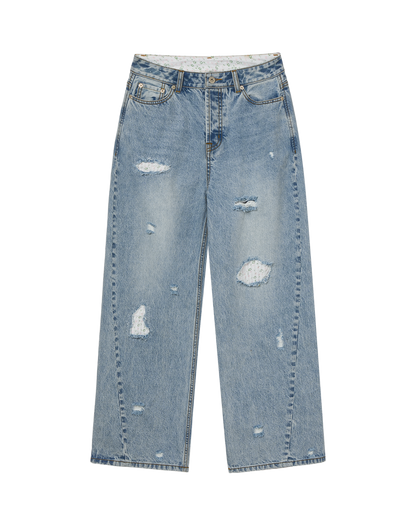 FLOWER PATCHWORK DENIM PANTS